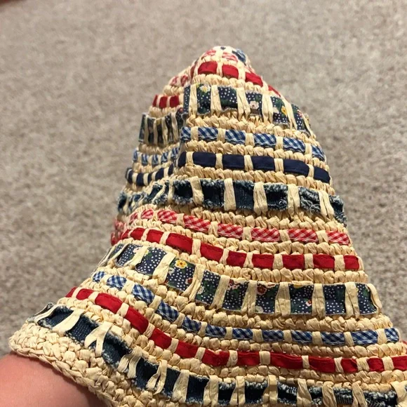 “Quilted” + Straw Bucket Hat with Red and Navy Ribbon - Picture 2 of 3
